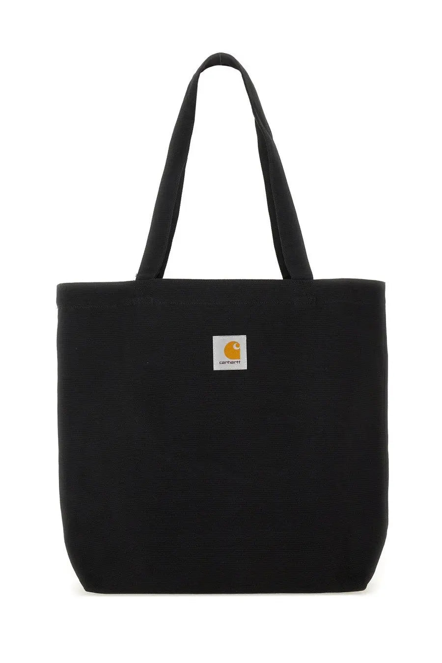 Black canvas tote bag featuring a white square logo patch with an orange carhartt emblem for men