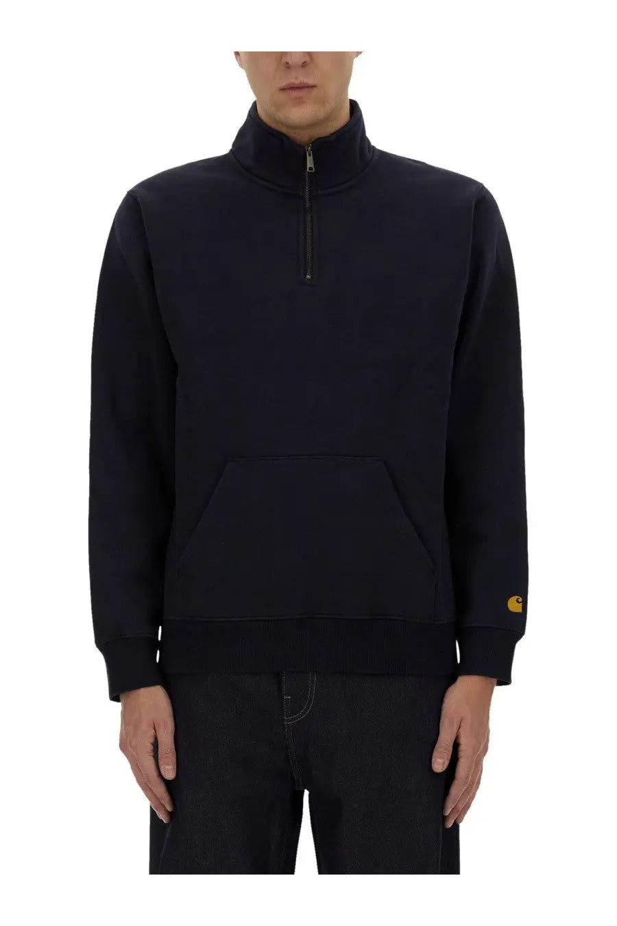 Black carhartt wip men’s half-zip fleece sweatshirt with yellow logo on sleeve and blue details