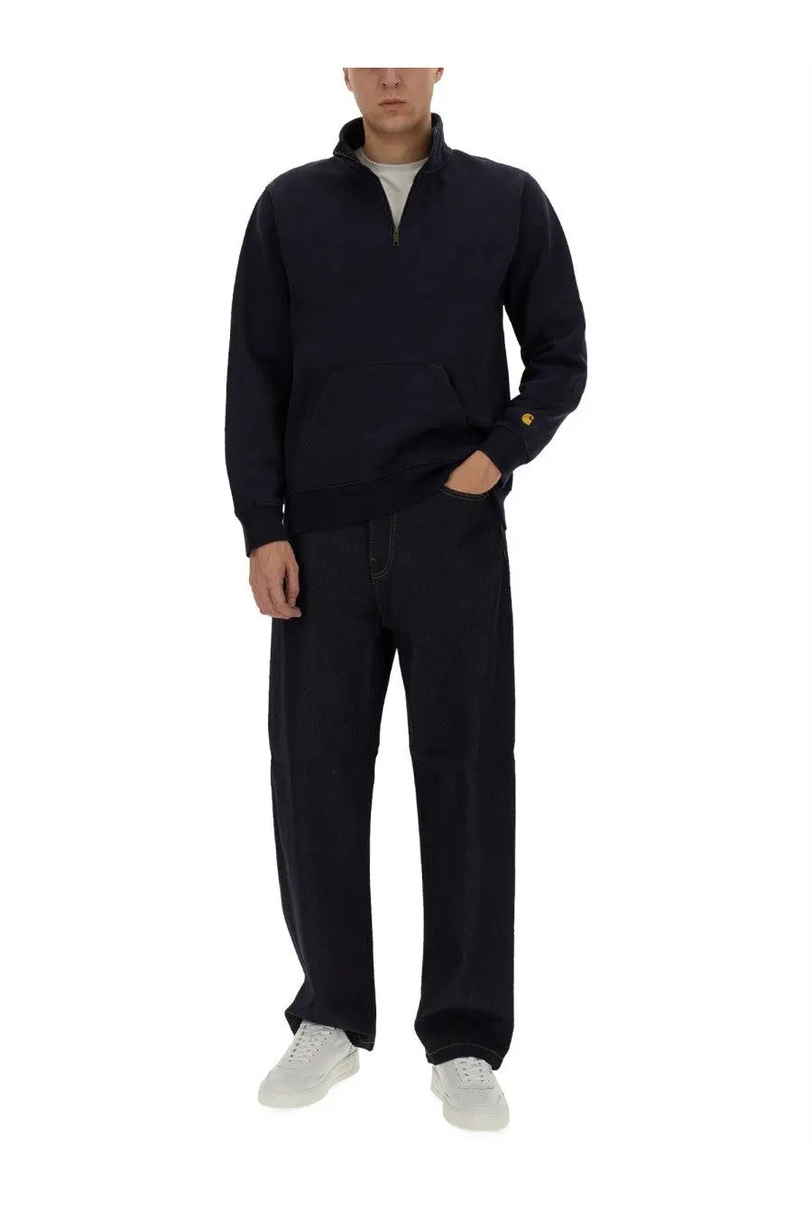 Navy blue Carhartt Wip men’s half zipper sweatshirt with gold logo patch on left sleeve in durable cotton blend