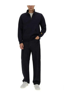 Navy blue Carhartt Wip men’s half zipper sweatshirt with gold logo patch on left sleeve in durable cotton blend