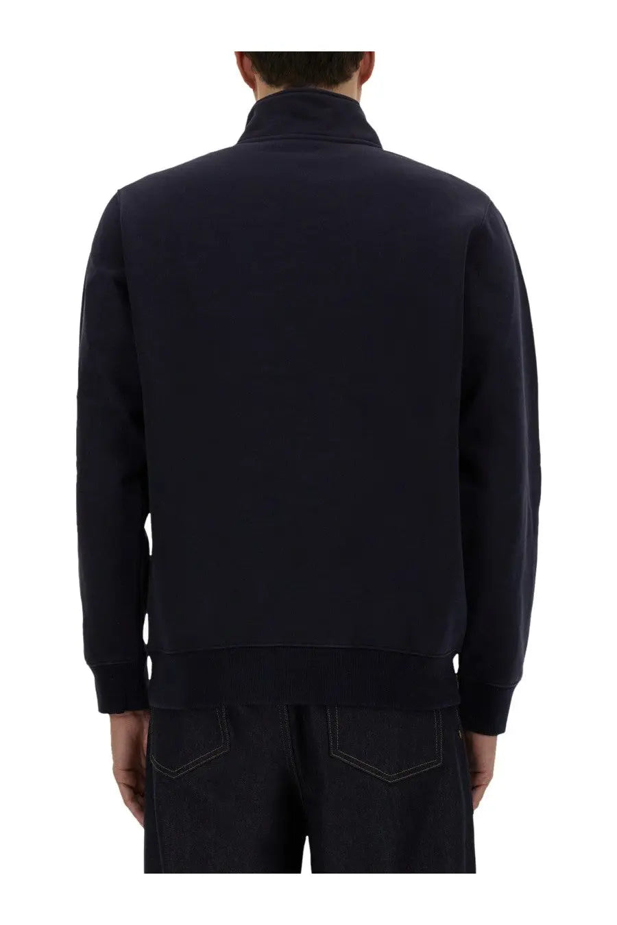Navy blue carhartt wip men’s half zipper sweatshirt with ribbed cuffs and hem in a soft cotton blend