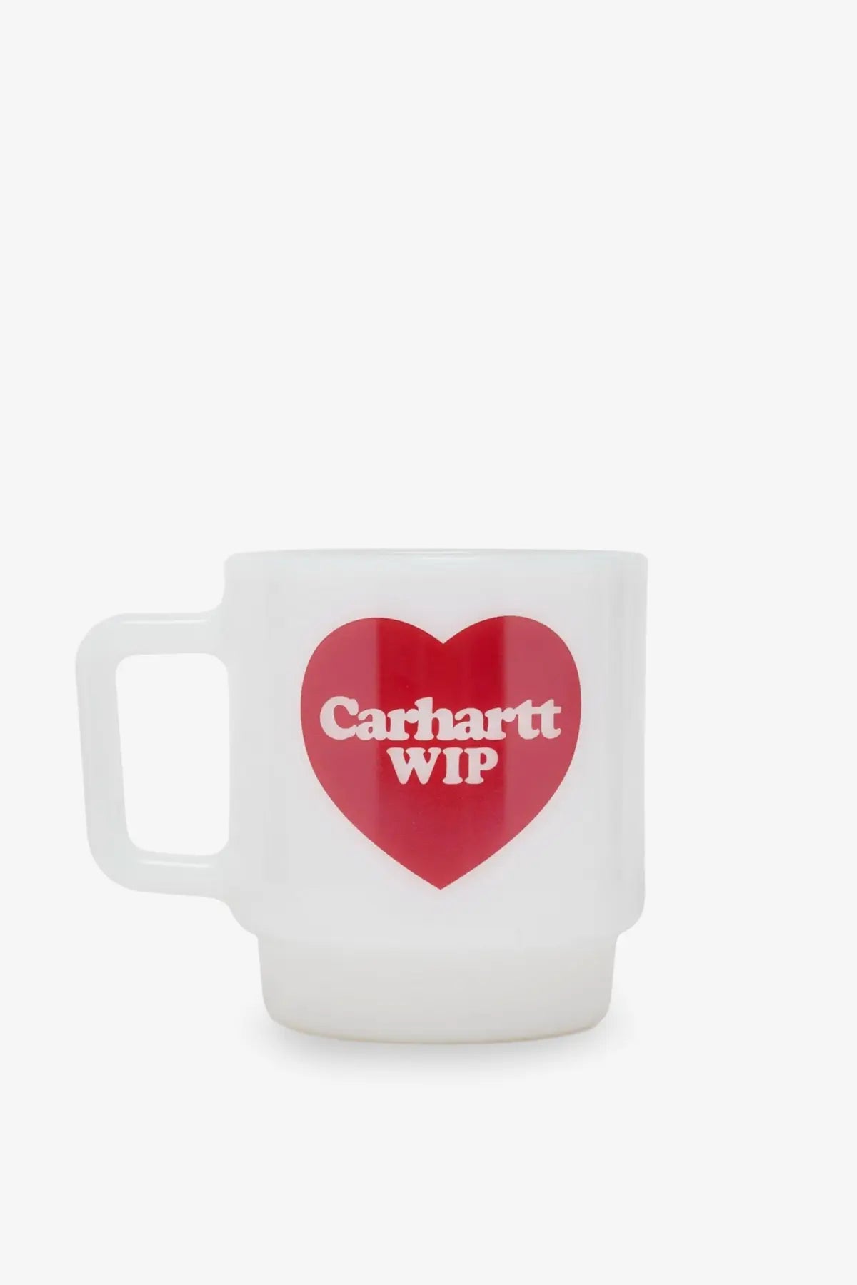 White frosted glass mug with a bold red heart and carhartt wip printed in white perfect for daily use