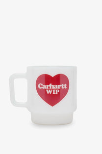 White frosted glass mug with a bold red heart and carhartt wip printed in white perfect for daily use