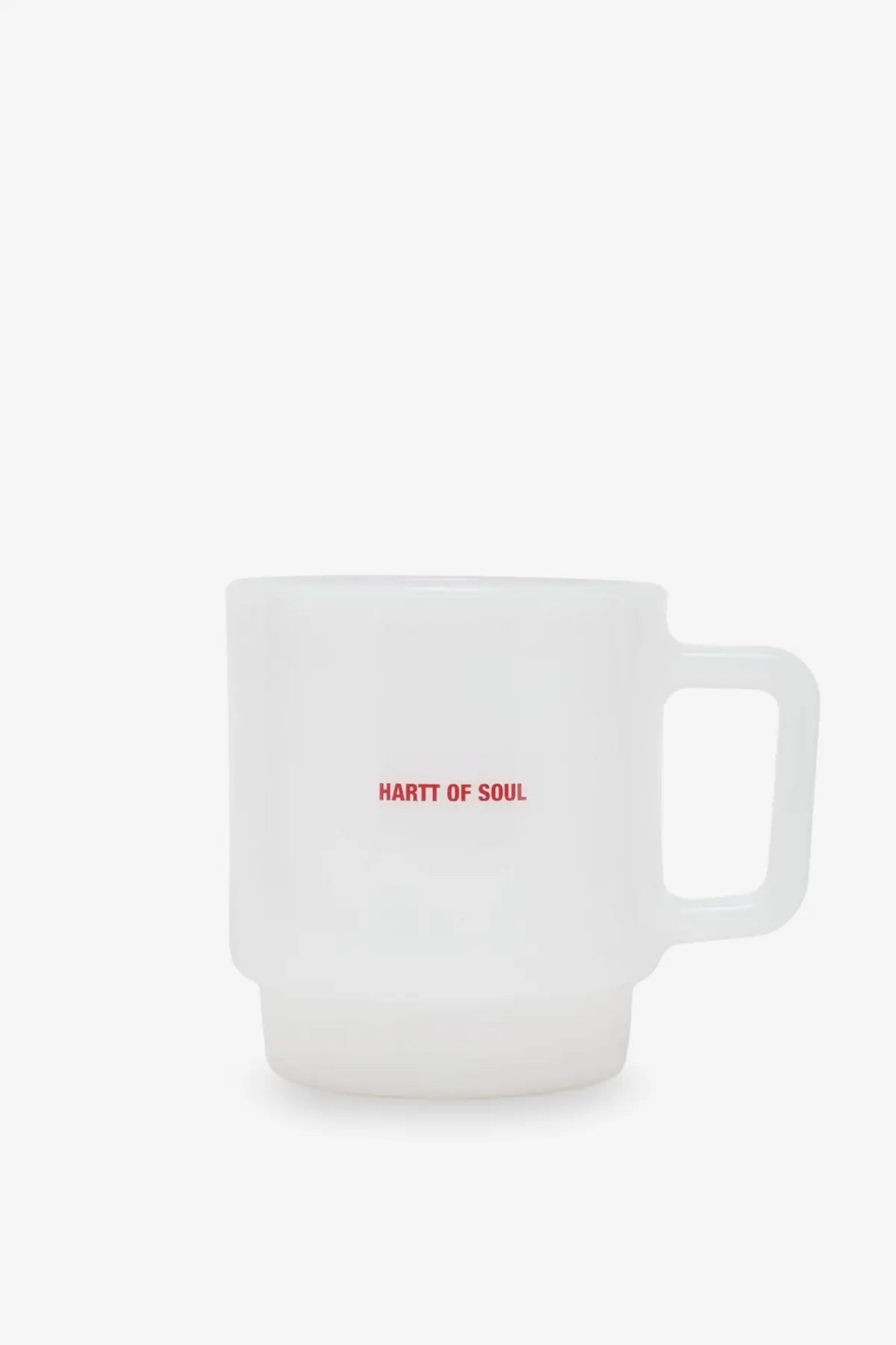 Carhartt Wip men’s white frosted glass mug with minimalist rectangular handle and red hartt of soul text printed