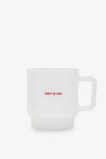 Carhartt Wip men’s white frosted glass mug with minimalist rectangular handle and red hartt of soul text printed
