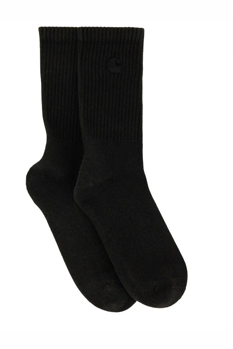 Black ribbed Carhartt Wip men’s Hudson crew socks with subtle logo on the side for casual wear
