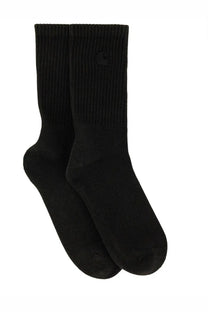 Black ribbed Carhartt Wip men’s Hudson crew socks with subtle logo on the side for casual wear
