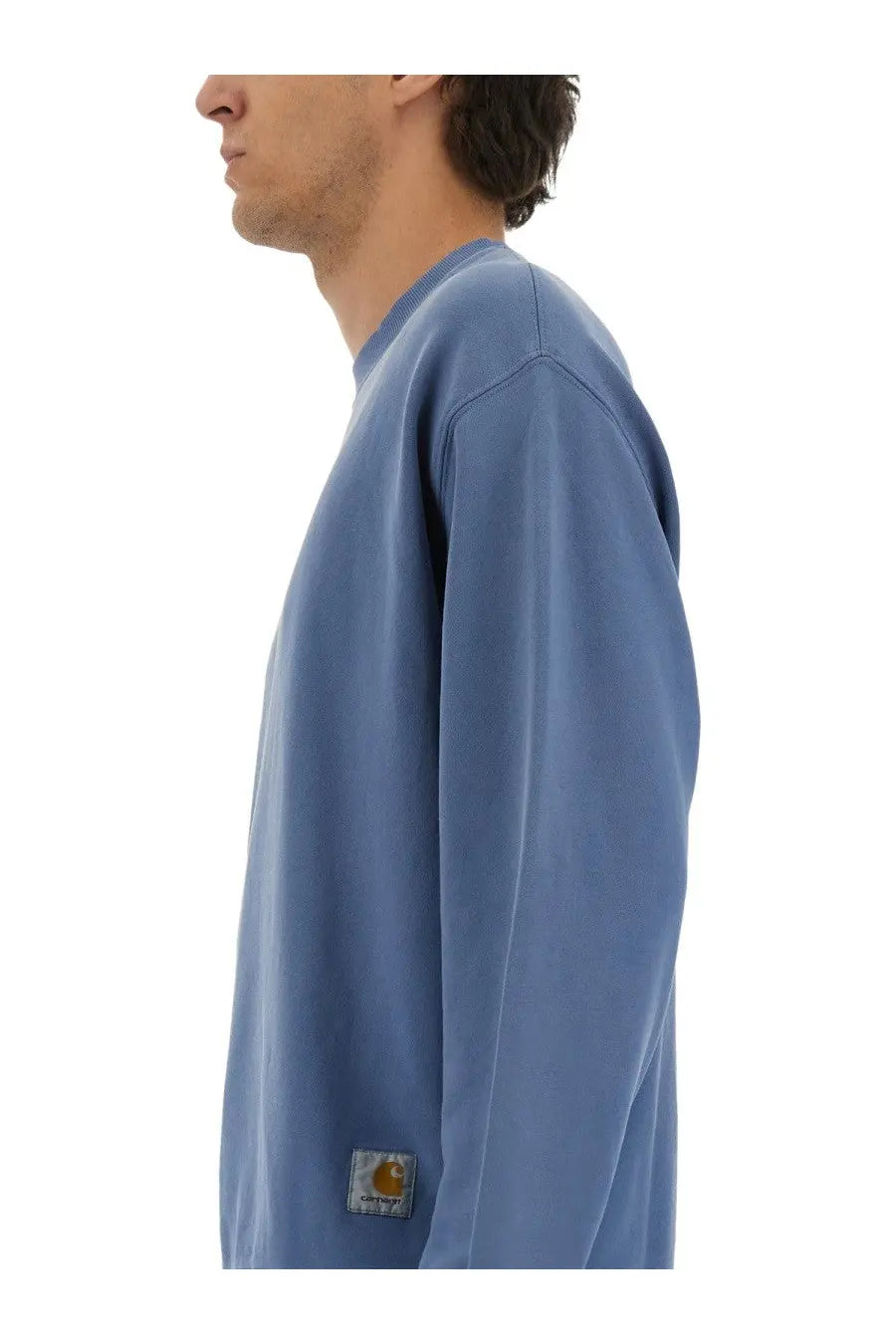 Carhartt Wip men’s jersey hudson blue sweatshirt with ribbed crew neck long sleeves and signature patch on left sleeve