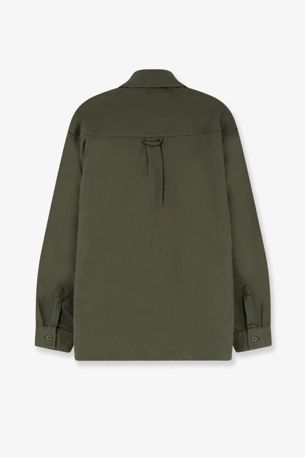 Olive green oversized cotton button-up shirt with relaxed fit and subtle back tie detail by carhartt wip men