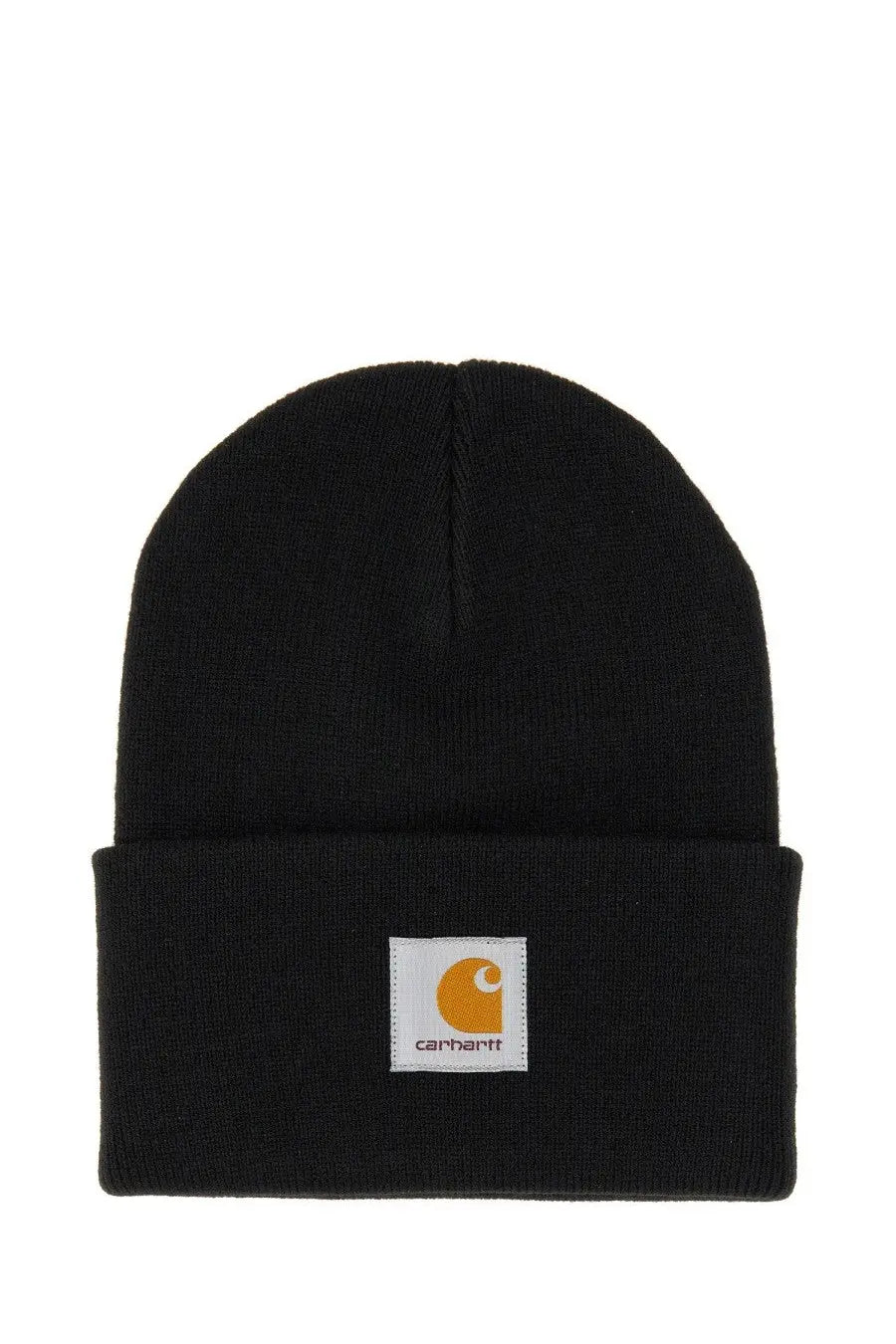 Carhartt Wip men’s black knitted beanie with folded cuff and white patch featuring orange Carhartt logo