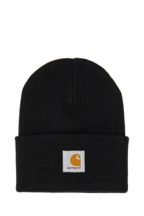 Carhartt Wip men’s black knitted beanie with folded cuff and white patch featuring orange Carhartt logo