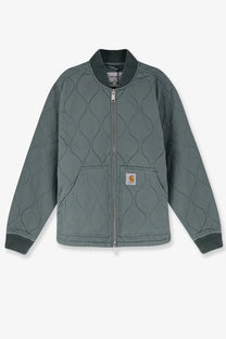 Gray quilted bomber jacket with wavy stitching ribbed cuffs and collar featuring carhartt logo patch on chest