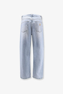 Back side of carhartt wip men’s landon denim jeans in light-wash blue with relaxed wide-leg cut and yellow logo patch