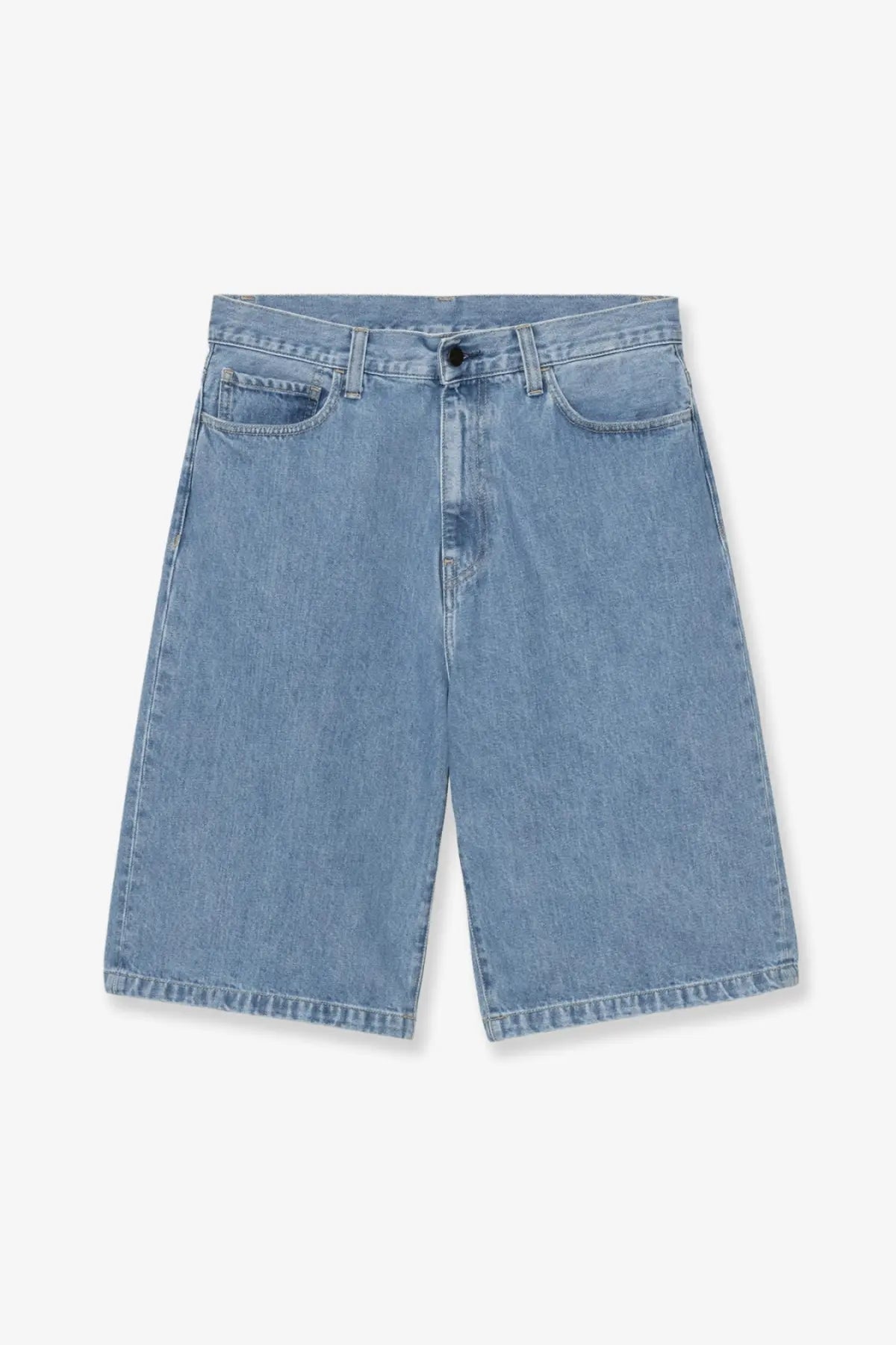 Carhartt Wip men’s langdon blue denim bermuda short in light wash with classic five-pocket design and button closure
