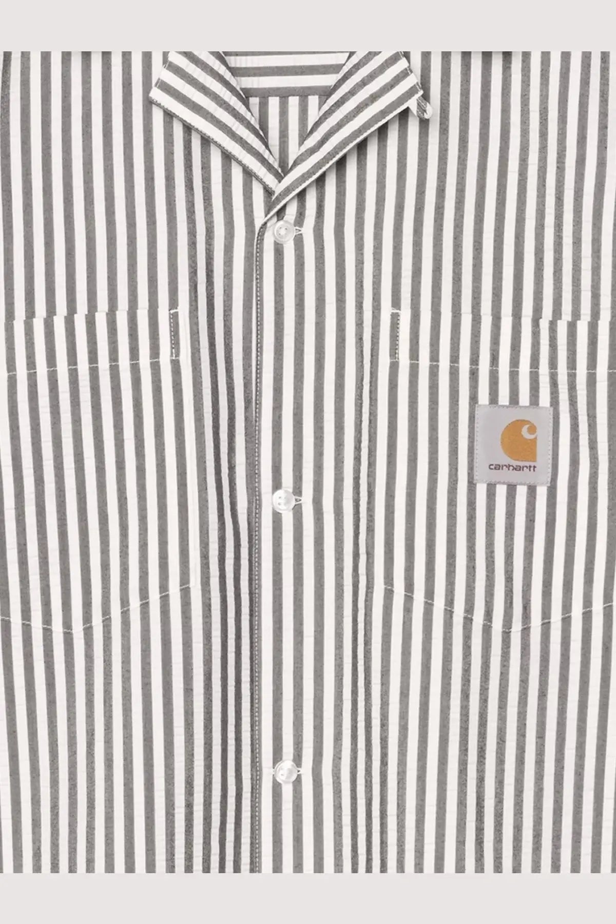 Carhartt wip men’s level cotton blend shirt in gray and white vertical stripes with a chest logo patch