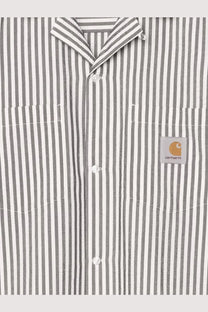 Carhartt wip men’s level cotton blend shirt in gray and white vertical stripes with a chest logo patch