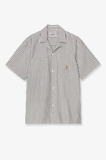 Carhartt wip men’s level short-sleeved cotton blend shirt with vertical gray and white stripes and logo patch