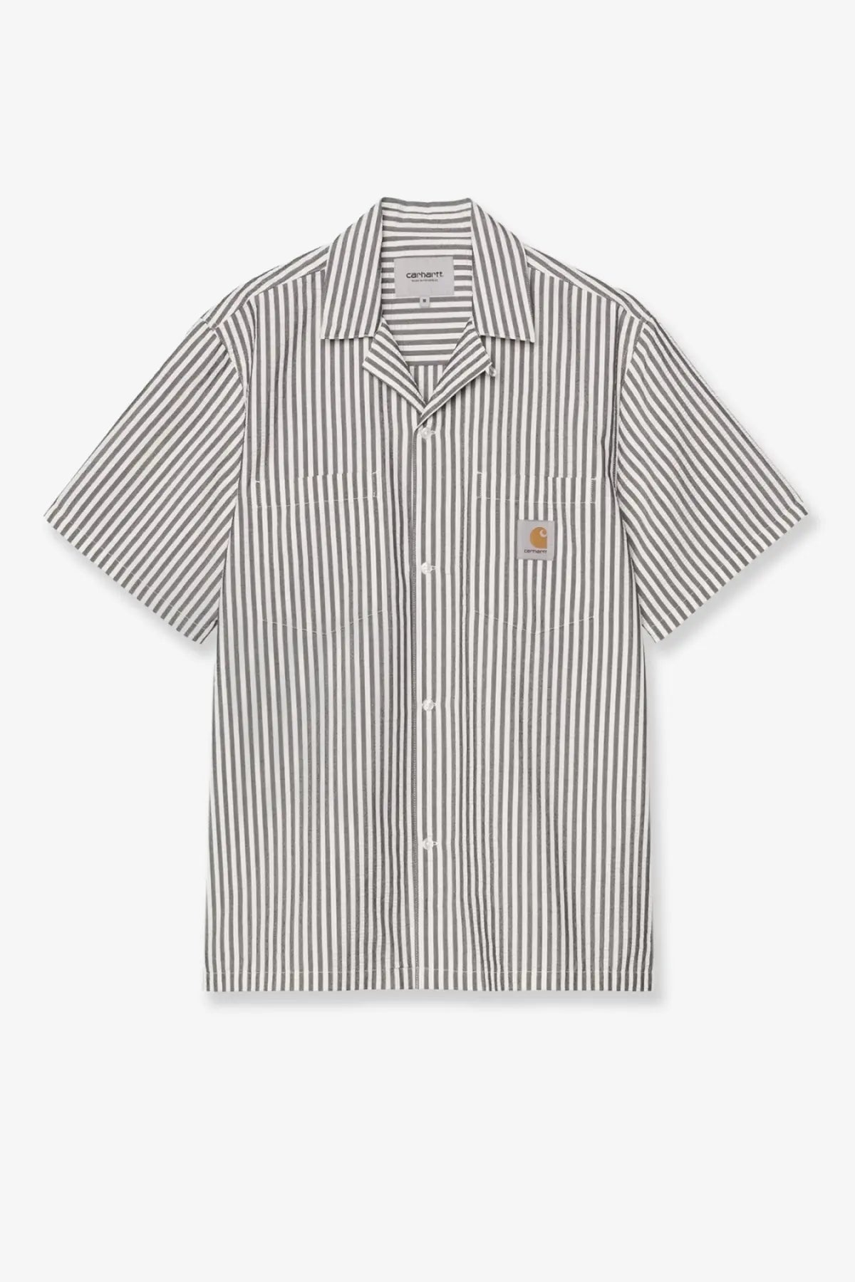 Carhartt Wip men’s short-sleeved cotton blend shirt with vertical gray and white stripes and logo patch on chest
