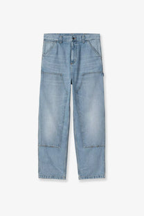 Carhartt Wip men’s loose fit blue denim jeans with light-wash relaxed straight-leg cut and multiple patch pockets