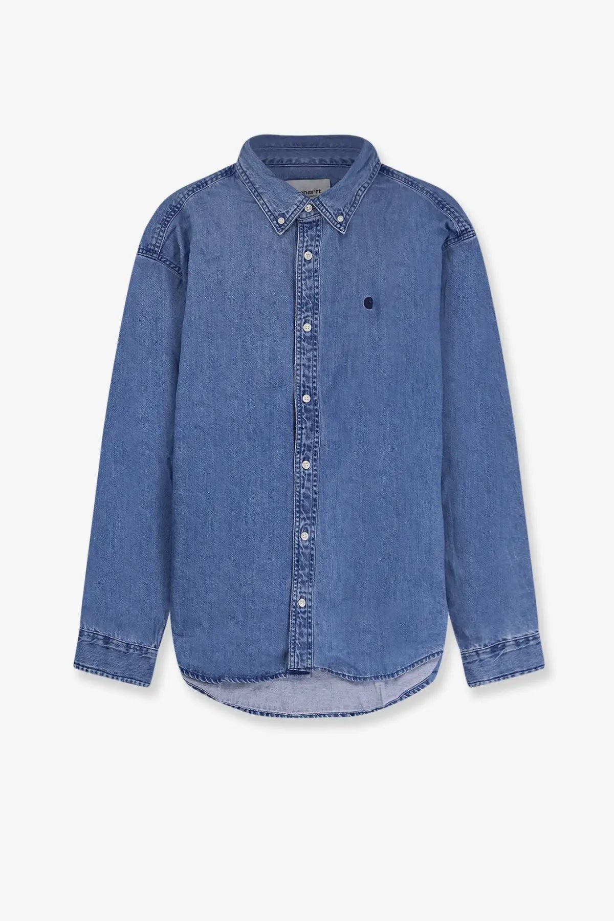 Carhartt Wip men’s Lucas cotton shirt in blue denim with subtle faded wash and contrasting stitching