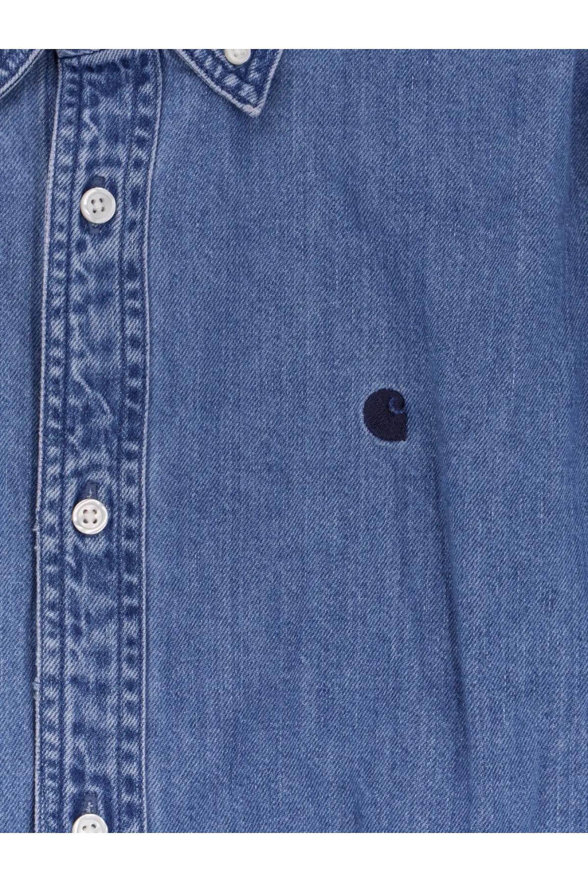 Carhartt Wip men’s Lucas cotton shirt blue with white buttons and dark navy Carhartt logo patch on the chest