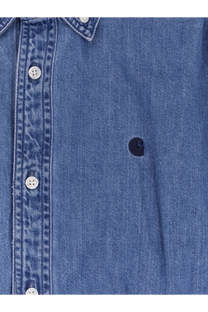 Carhartt Wip men’s Lucas cotton shirt blue with white buttons and dark navy Carhartt logo patch on the chest