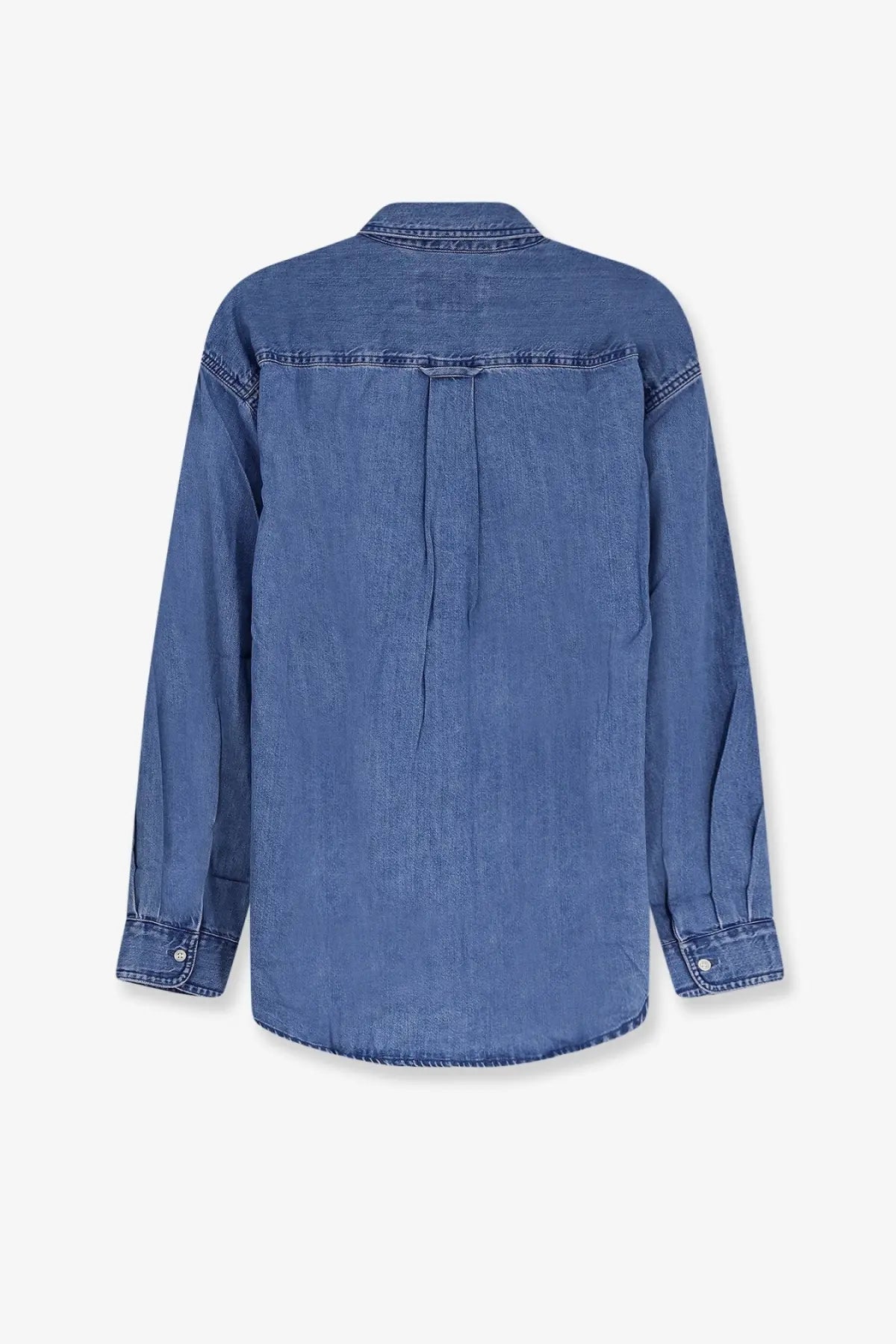 Back view of a medium-wash blue cotton denim shirt with classic button-down and rolled-up cuffs by carhartt wip men