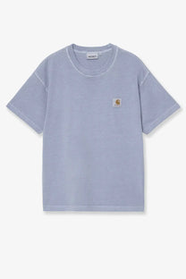 Light blue Carhartt Wip men’s Nelson cotton t-shirt with a small tan logo patch on the left chest