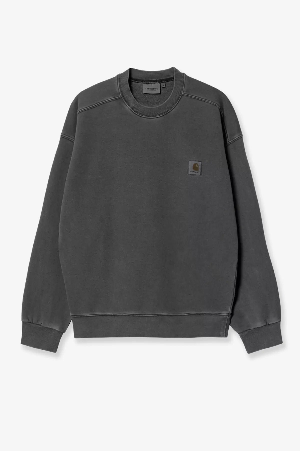 Carhartt wip men’s nelson cotton sweatshirt black with dark gray faded texture and small logo patch on left chest