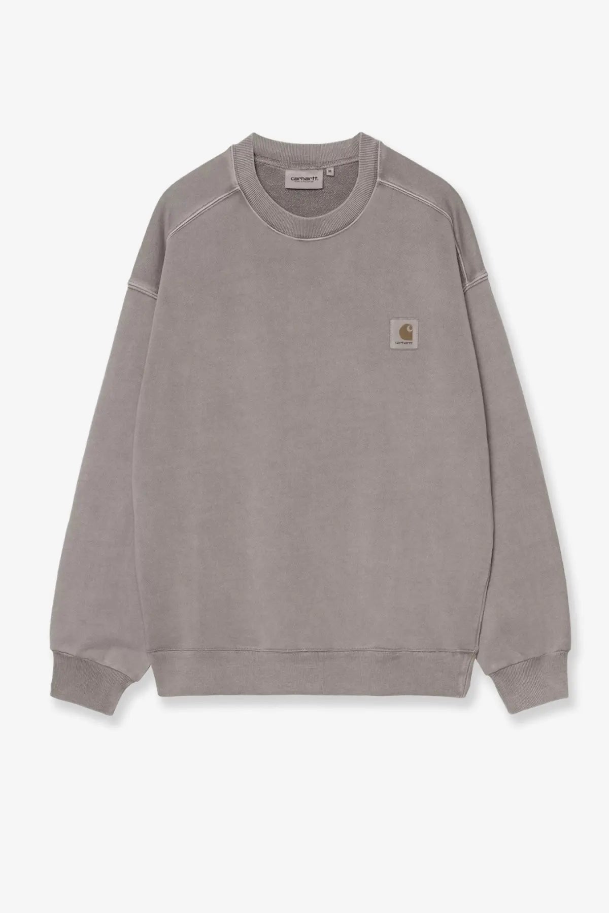 Carhartt Wip men’s Nelson cotton sweatshirt yosemite in muted gray with ribbed cuffs and small embroidered logo patch