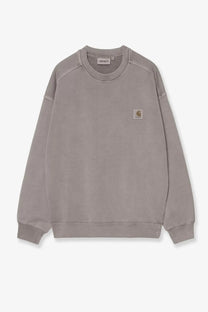 Carhartt Wip men’s Nelson cotton sweatshirt yosemite in muted gray with ribbed cuffs and small embroidered logo patch