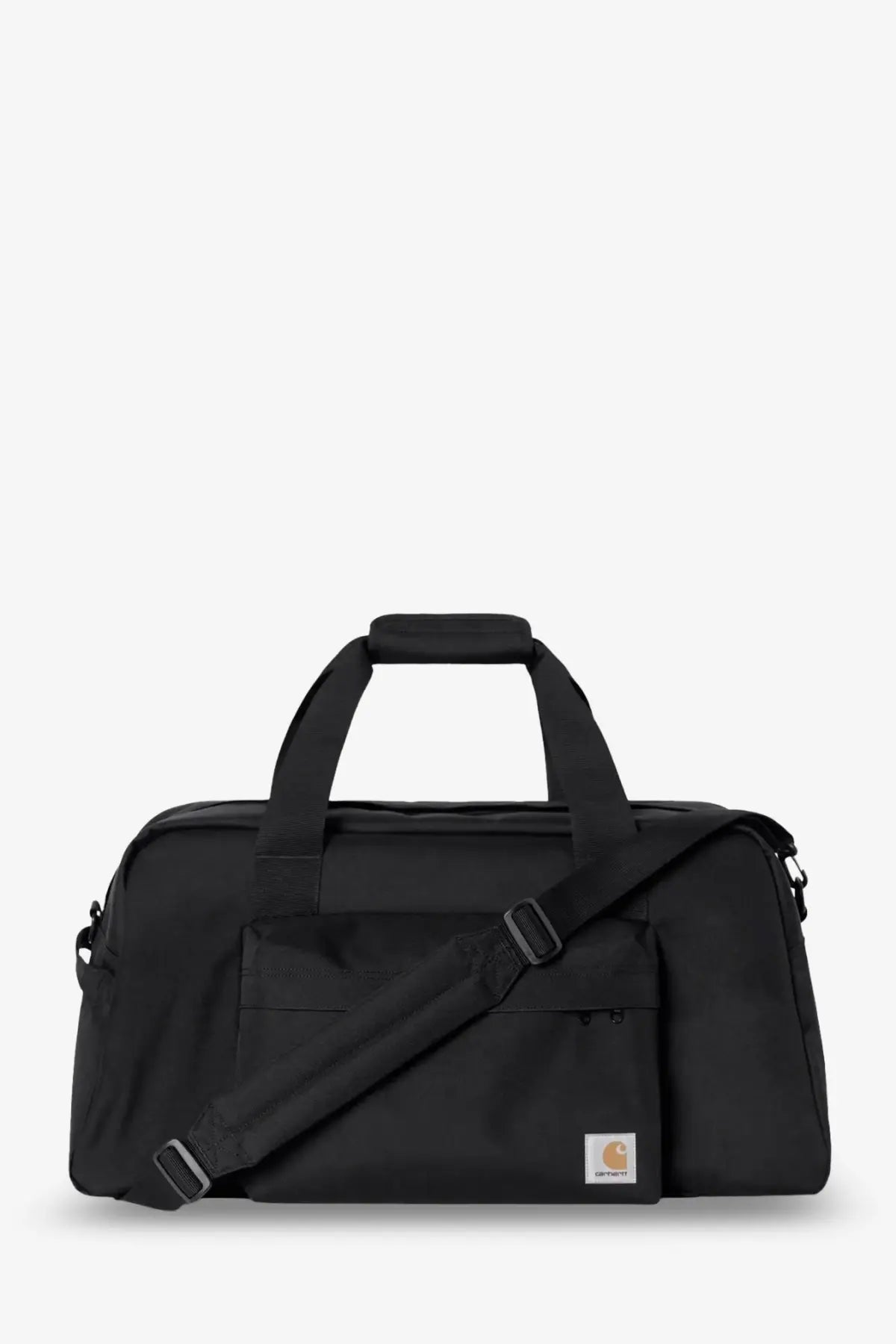 Black Carhartt Wip men’s nylon duffle bag with sturdy handles and detachable shoulder strap for easy carrying