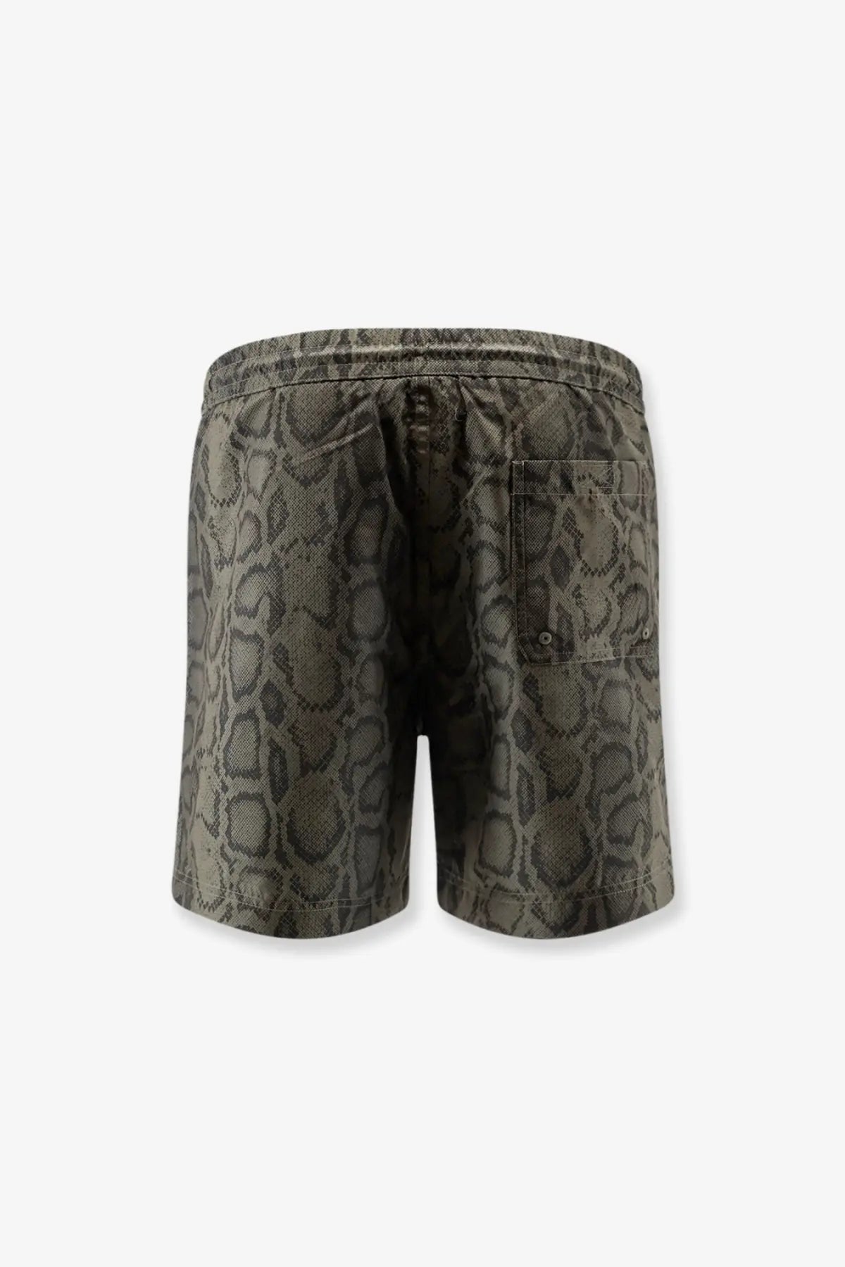 Carhartt Wip men’s olive green nylon swim boxer shorts with snakeskin pattern and elastic waistband