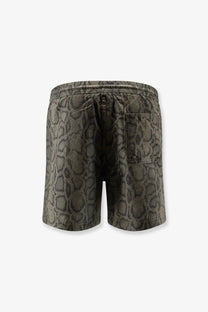 Carhartt Wip men’s olive green nylon swim boxer shorts with snakeskin pattern and elastic waistband