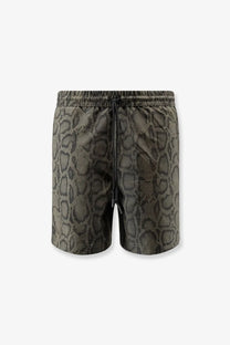 Carhartt Wip men’s nylon swim boxer shorts in olive green with snake skin pattern and elastic waistband with drawstring