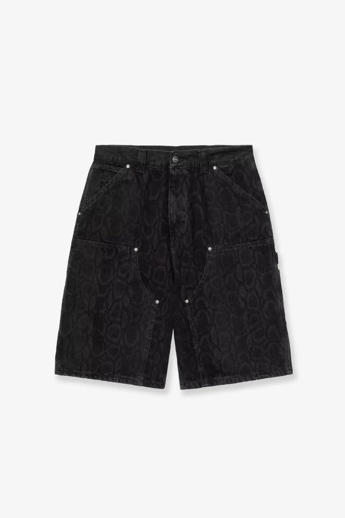 Carhartt Wip men’s black denim bermuda shorts with subtle snakeskin pattern and silver rivets on the pockets