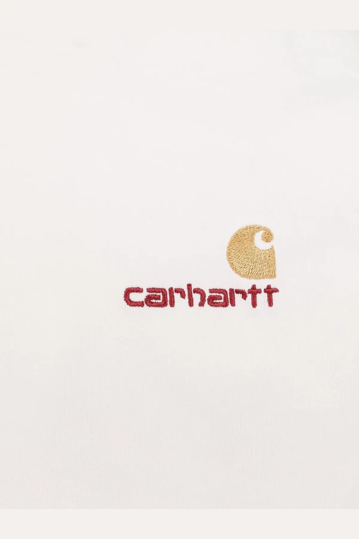 Carhartt wip mens organic cotton shirt white with gold embroidered logo and red stitched lettering on white fabric