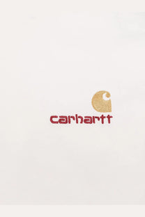 Carhartt wip mens organic cotton shirt white with gold embroidered logo and red stitched lettering on white fabric