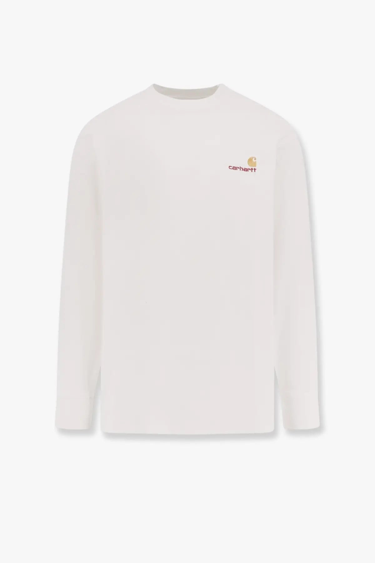 White carhartt wip men’s long-sleeve organic cotton shirt with small embroidered logo on left chest