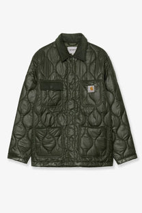 Dark olive green quilted nylon carhartt wip men’s oscar chore liner jacket with classic collar and multiple pockets