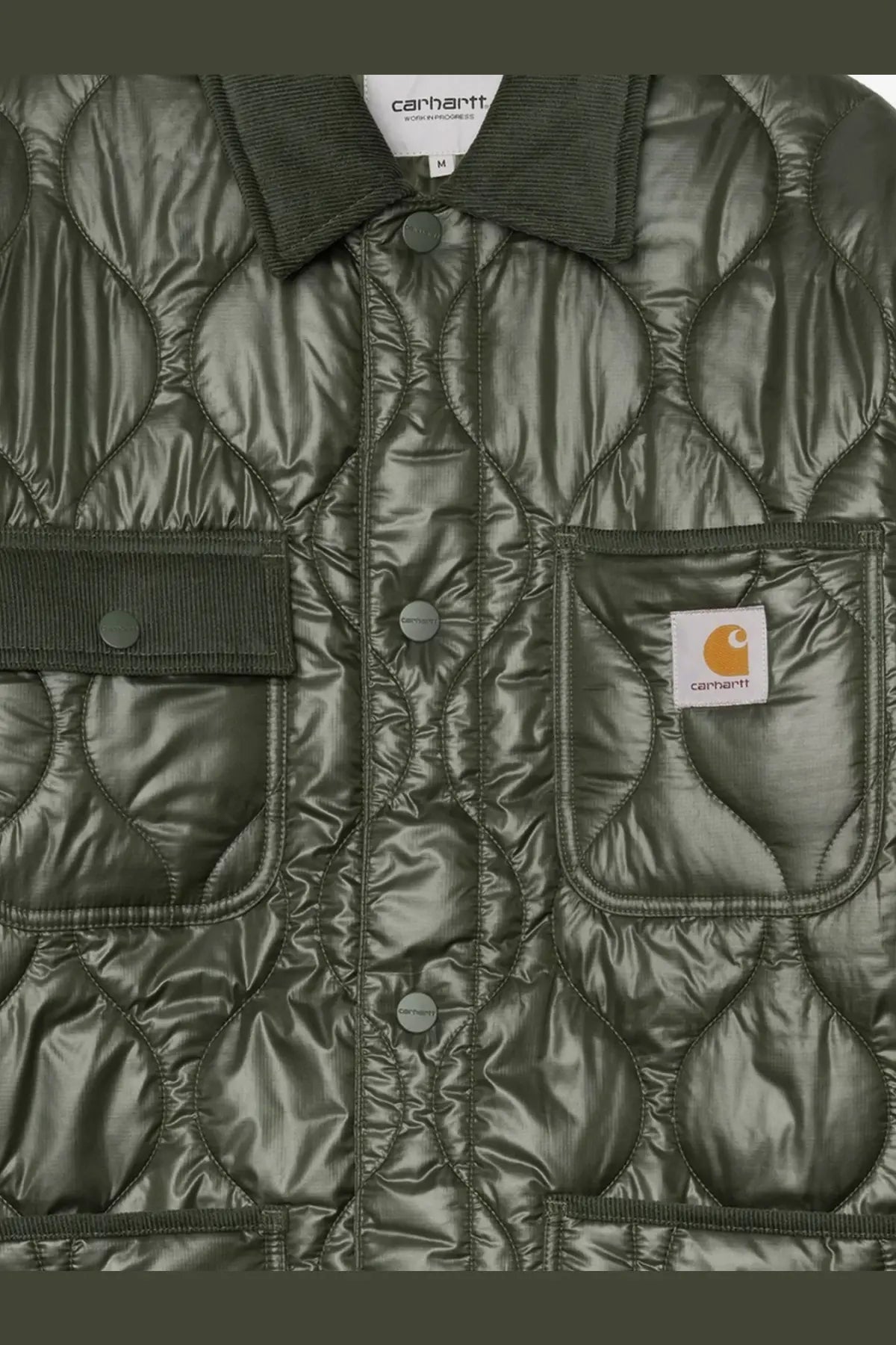 Olive green quilted carhartt wip men’s oscar chore liner nylon jacket with corduroy collar and button closure