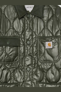 Olive green quilted carhartt wip men’s oscar chore liner nylon jacket with corduroy collar and button closure