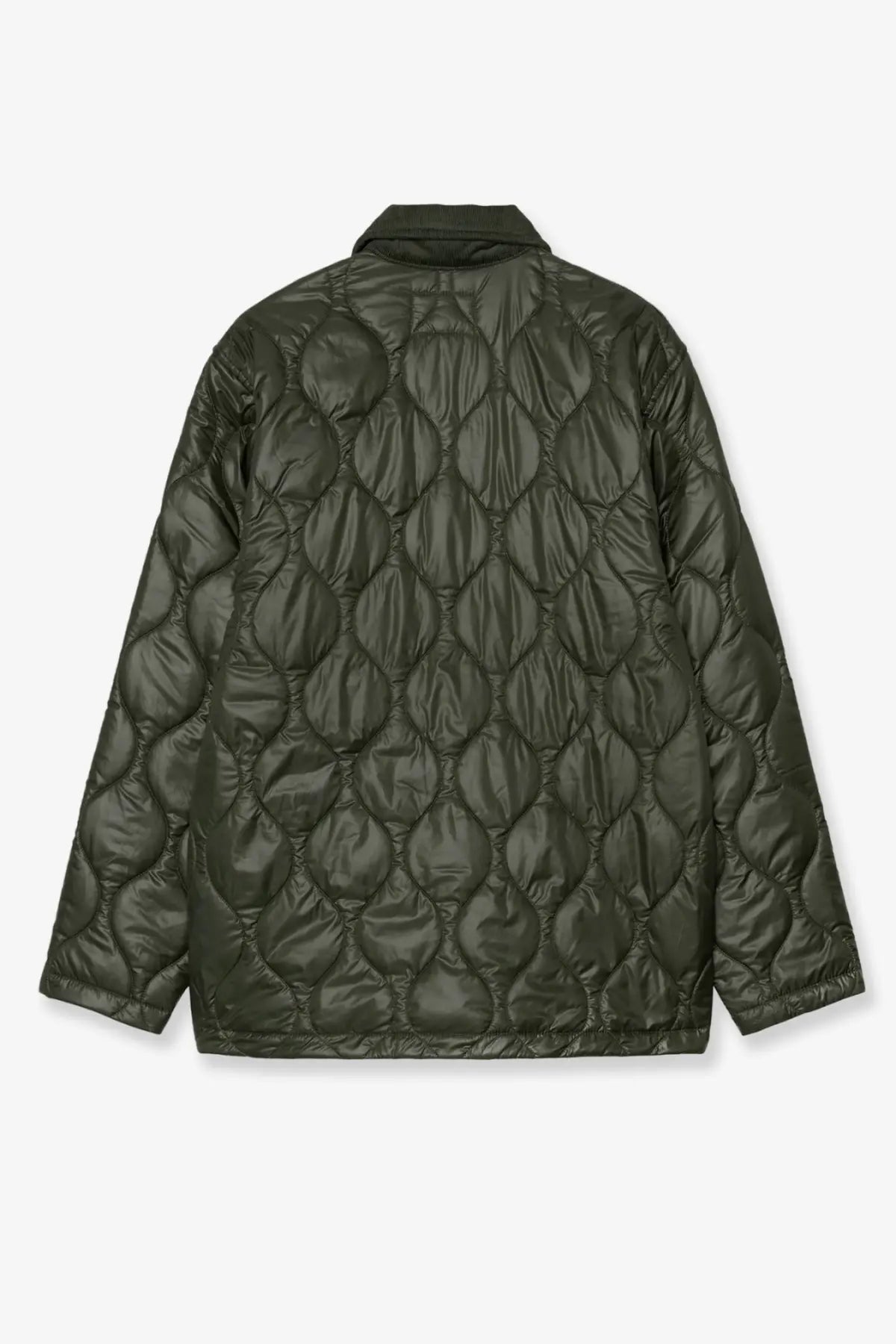 Carhartt WIP men’s olive green quilted nylon puffer jacket with classic collar and diamond stitching pattern