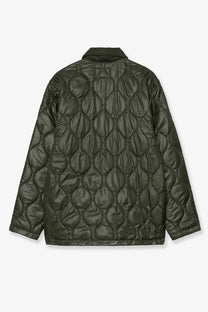 Carhartt WIP men’s olive green quilted nylon puffer jacket with classic collar and diamond stitching pattern