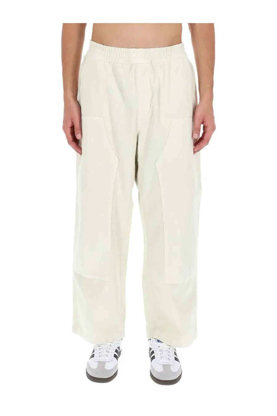 Carhartt wip men’s cream-colored wide-leg trousers with relaxed fit and large patch pockets in crawton white