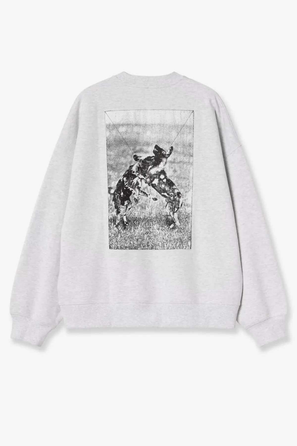 Carhartt wip men’s no play grey cotton blend oversized sweatshirt showing black and white dog graphic on back