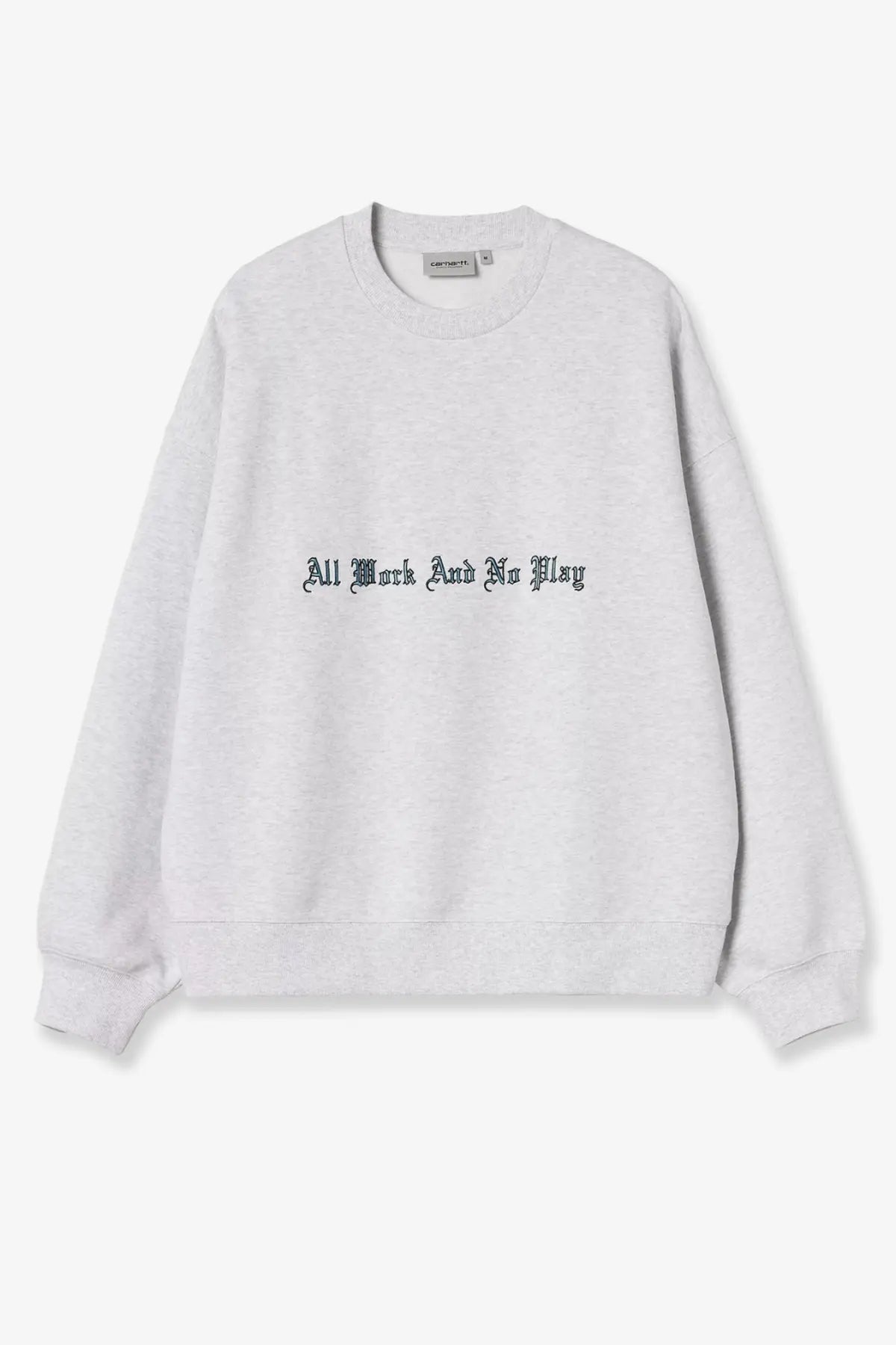 Carhartt wip men’s no play heather gray cotton blend sweatshirt with all work and no play embroidered in black gothic lettering