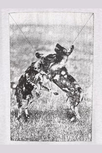 White t-shirt with black and white graphic of two african wild dogs in mid-fight on front, cotton blend material