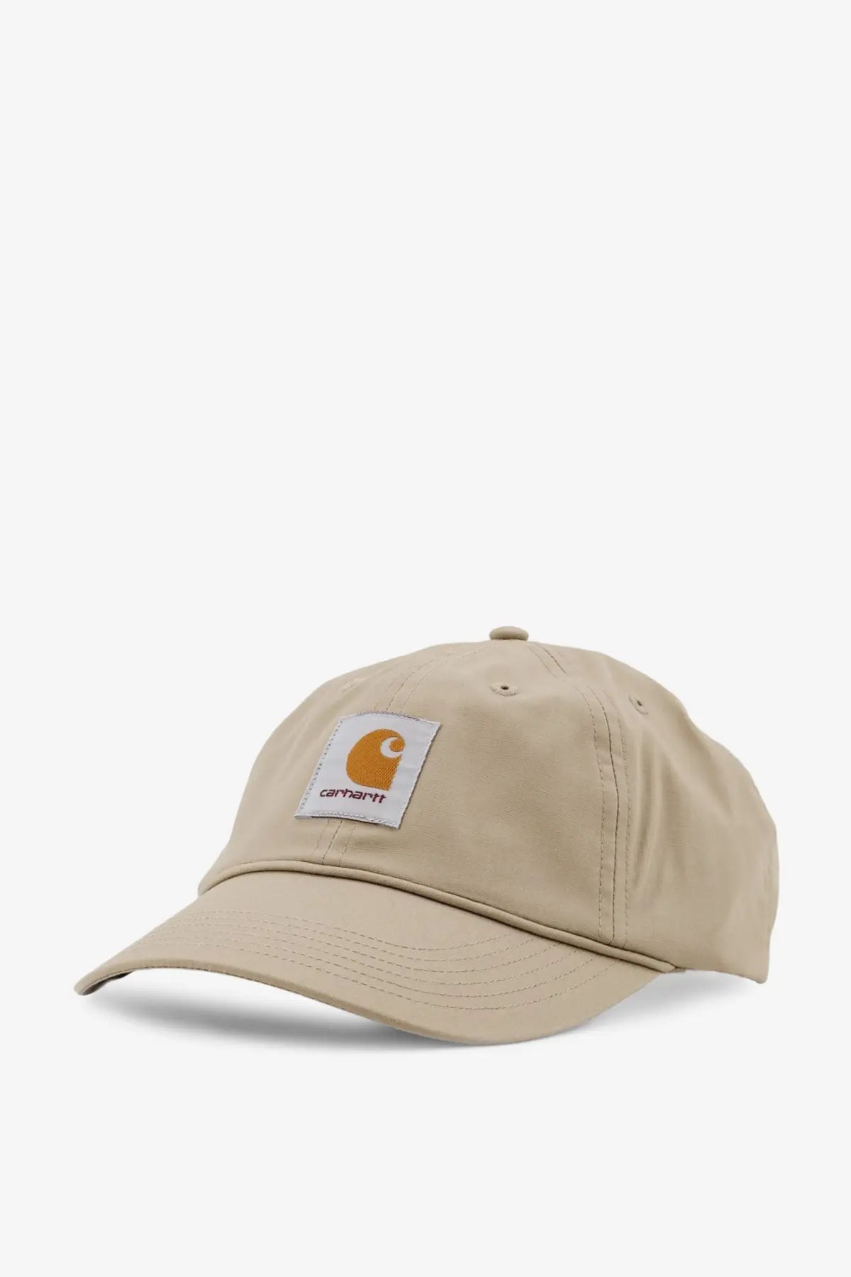 Beige carhartt wip men’s postal cotton blend baseball hat with white patch featuring orange brand logo