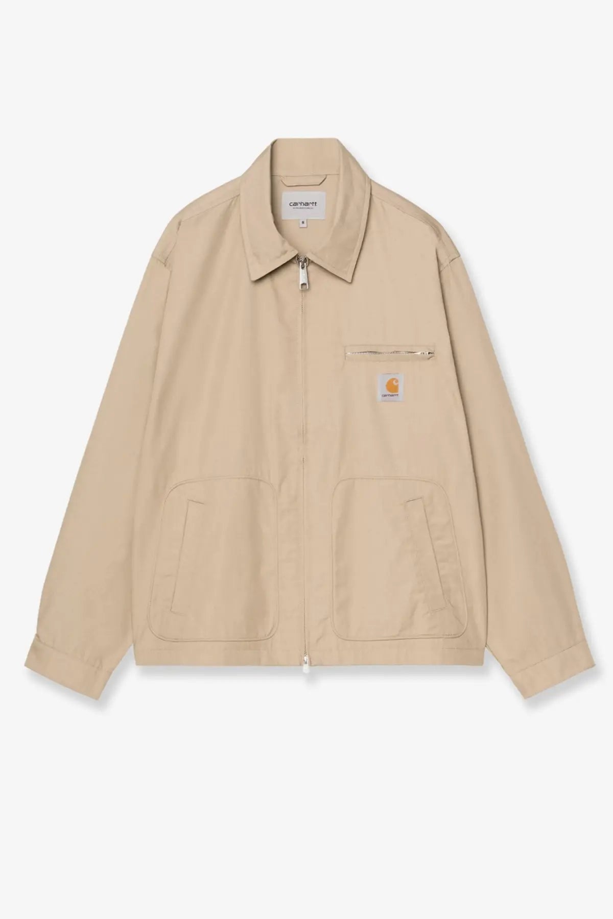 Beige carhartt wip men’s postal cotton jacket iroko with collar front zipper and two large patch pockets